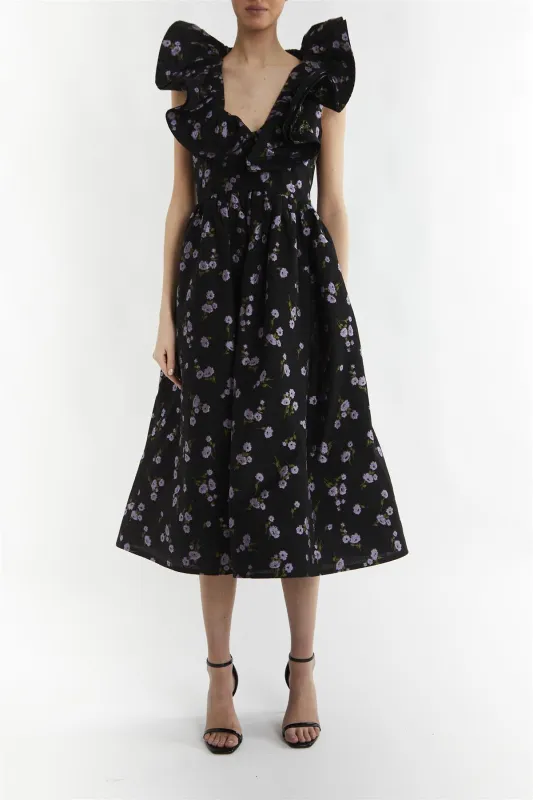 Peyton Black Floral Brocade Ruffle Midi Dress sold by True Decadence