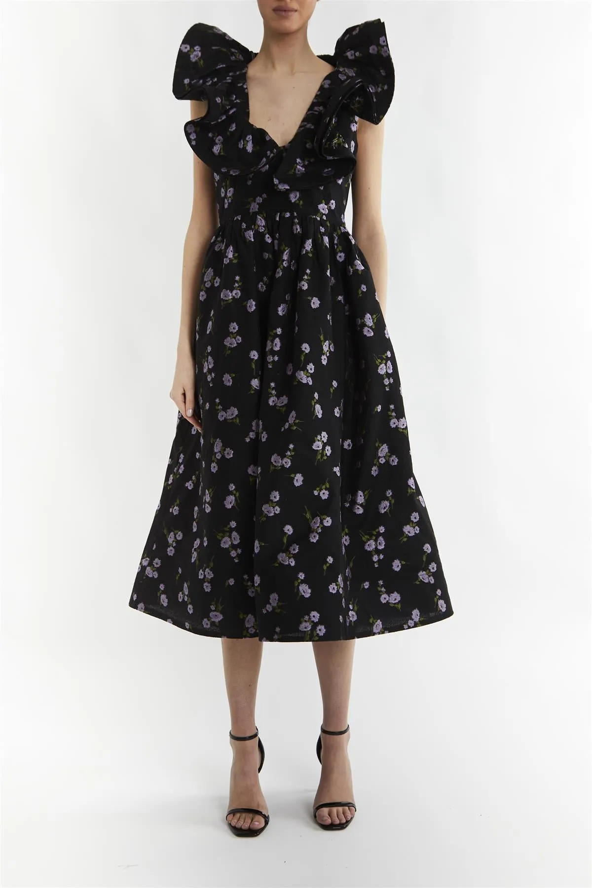 Peyton Black Floral Brocade Ruffle Midi Dress sold by True Decadence