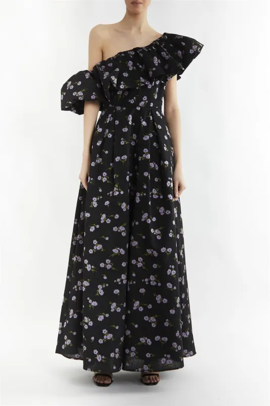 Blake Black-Lilac Brocade Puff One Shoulder Maxi-Dress made by True Decadence