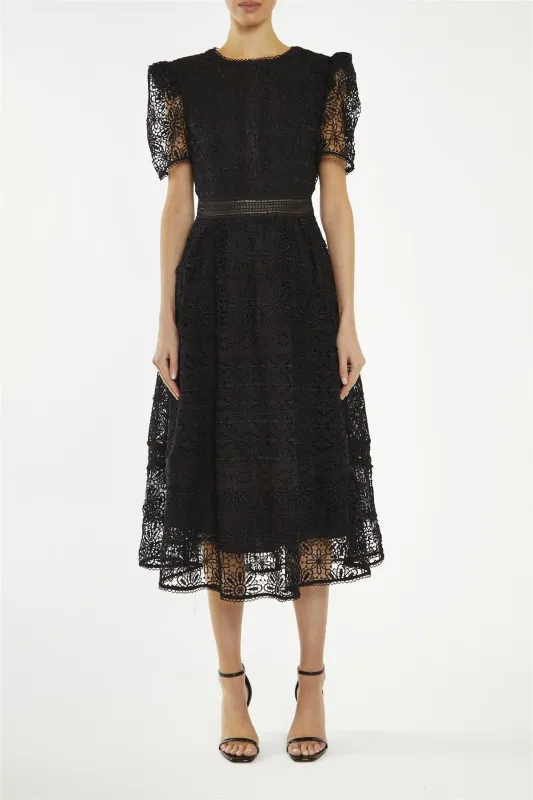 Priscilla Black Lace-Trim Midi-Dress sold by True Decadence