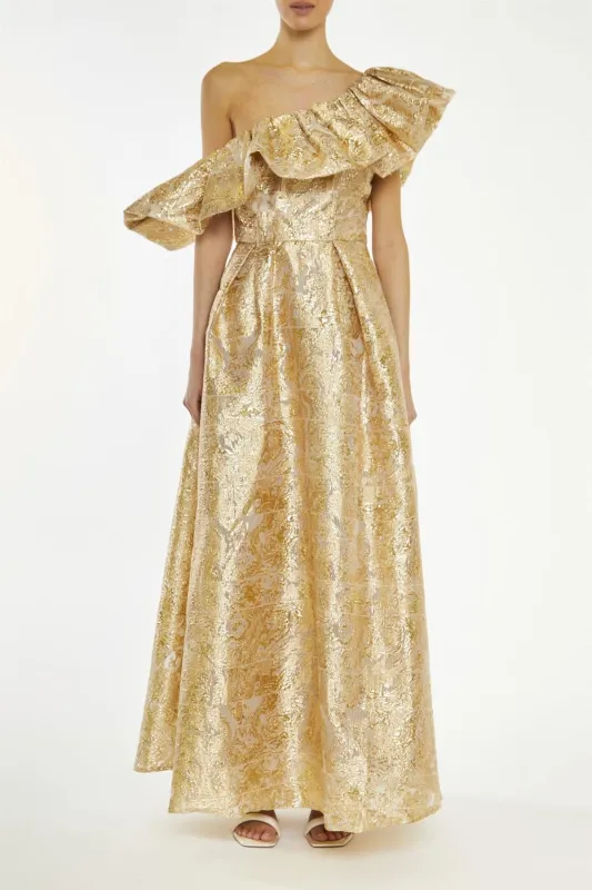 Blake Gold Translucent-Jacquard Puff One Shoulder Maxi-Dress made by True Decadence