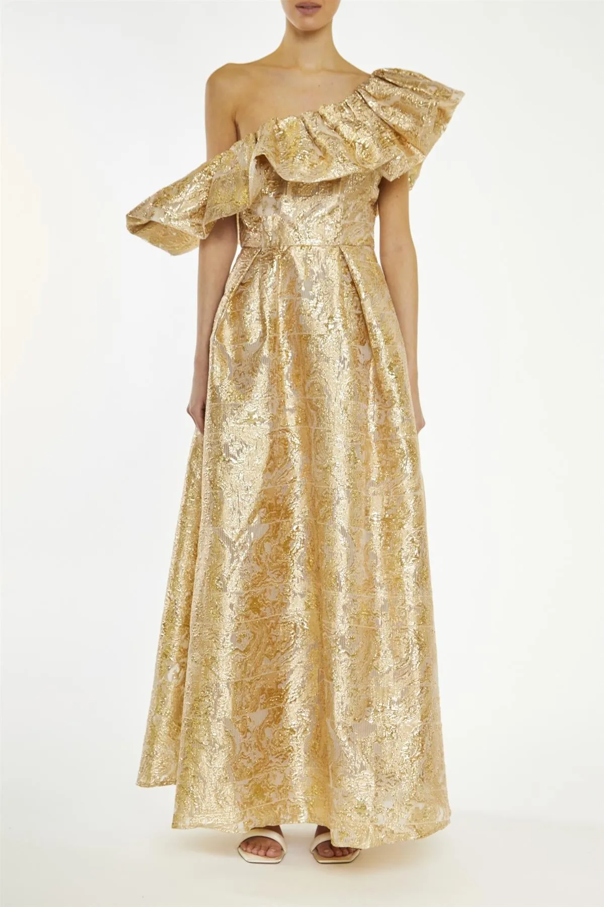 Blake Gold Translucent-Jacquard Puff One Shoulder Maxi-Dress sold by True Decadence