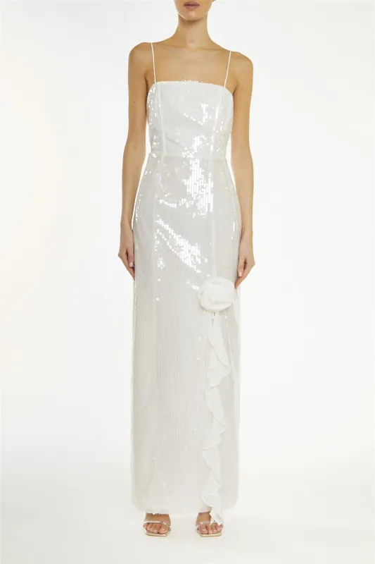 Crystal White Translucent-Sequin Ruffle-Split Maxi-Dress sold by True Decadence