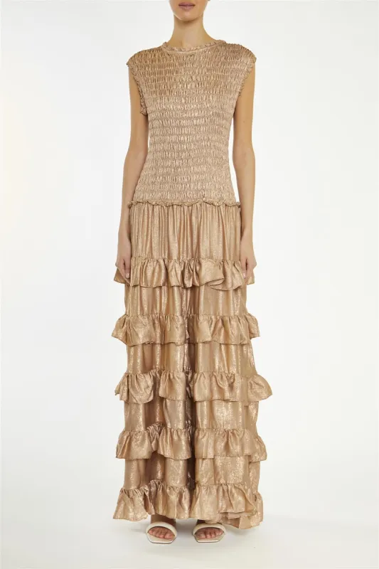 Azaria Dark Metallic-Copper Smocked Dropped-Waist Maxi-Dress made by True Decadence