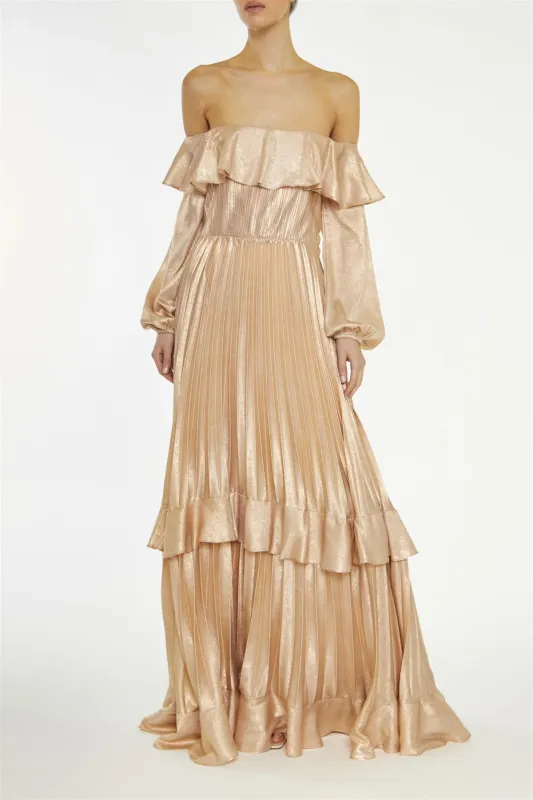 Adrianna Metallic-Copper Pleated Bardot Maxi-Dress sold by True Decadence