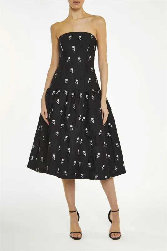 Vienna Black-Grey Floral-Brocade Dropped-Waist Midi-Dress sold by True Decadence