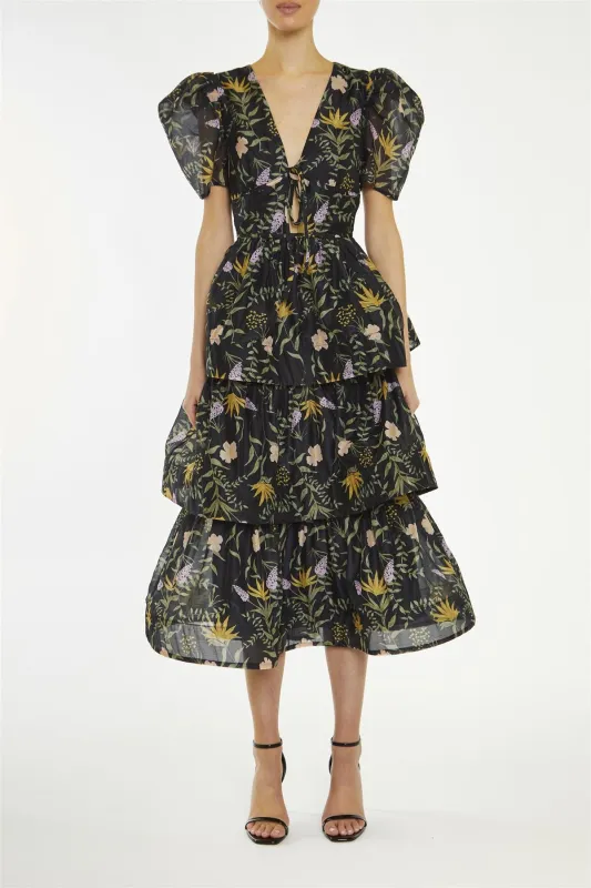 Ariella Black Stem Nature Floral Tiered Midaxi-Dress sold by True Decadence