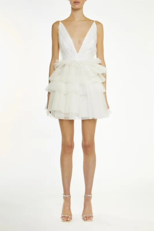 Gia White Plunge Front Tiered Mini Dress made by True Decadence