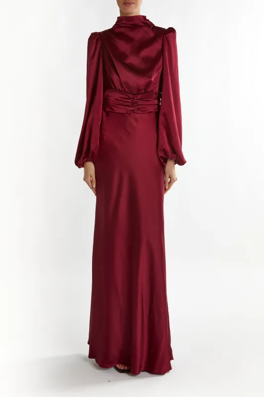 Sutton Burgundy High Cowl-Neck Maxi Dress sold by True Decadence