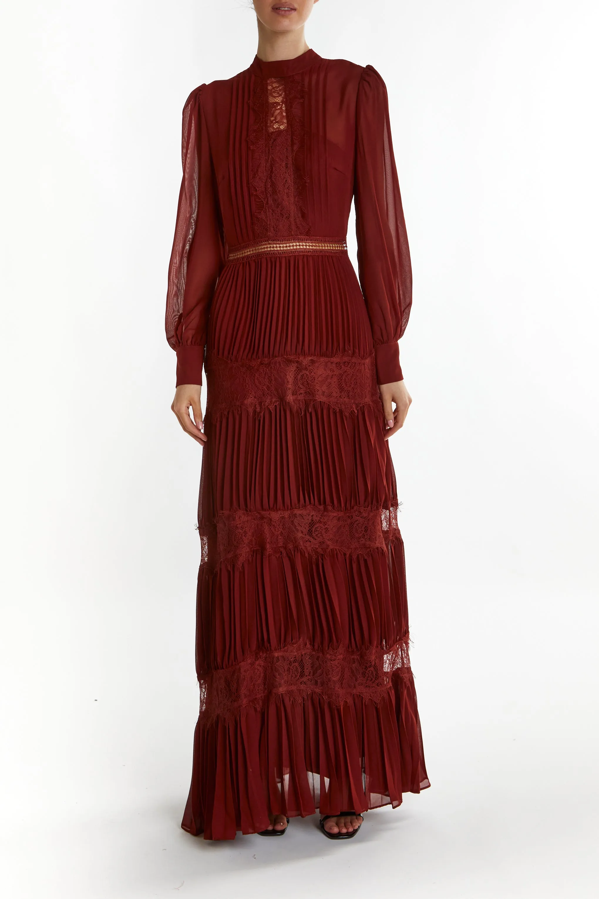 Holly Burgundy High-Neck Pleated Maxi Dress sold by True Decadence