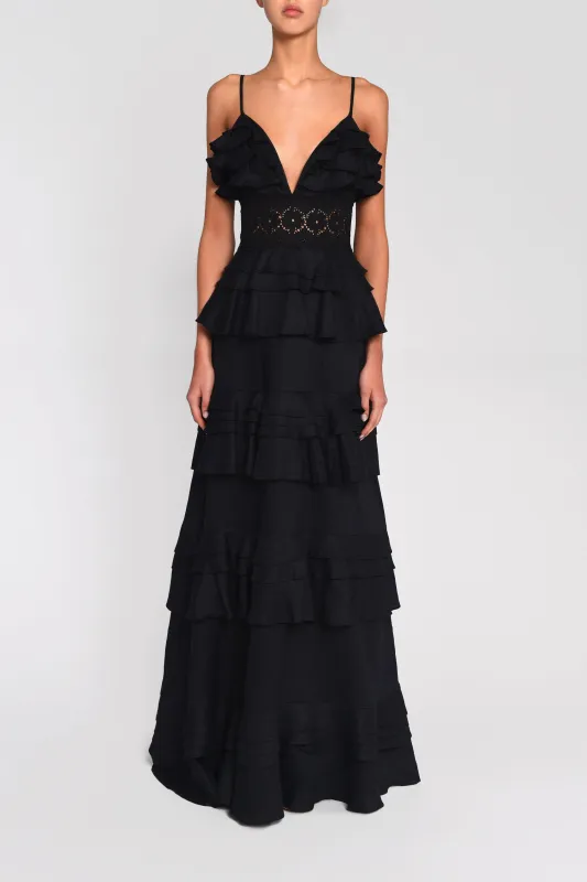 Sophia Black Linen Tiered Ruffle Maxi Dress sold by True Decadence