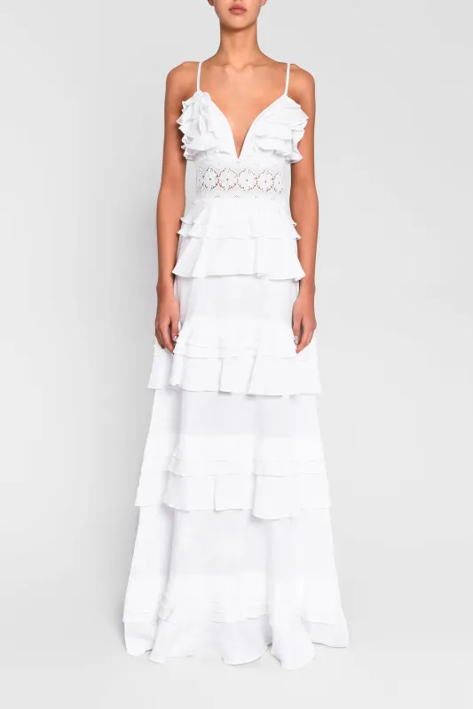 Sophia White Linen Tiered Ruffle Maxi Dress sold by True Decadence