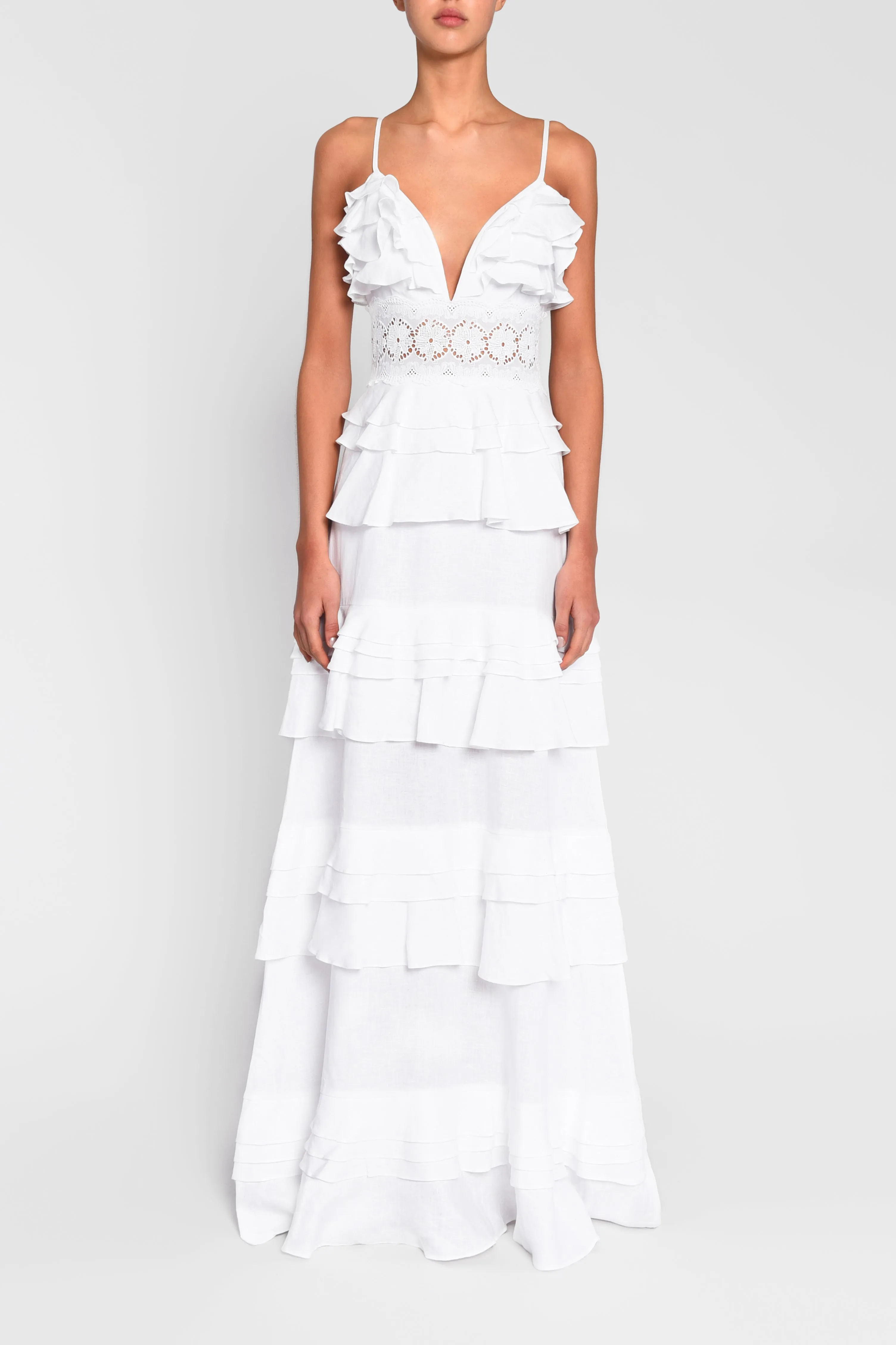 Sophia White Linen Tiered Ruffle Maxi Dress sold by True Decadence