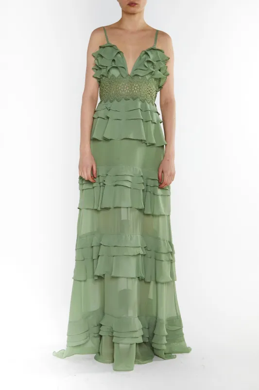 Sophia Sage Green Plunge Front Tiered Ruffle Maxi-Dress sold by True Decadence