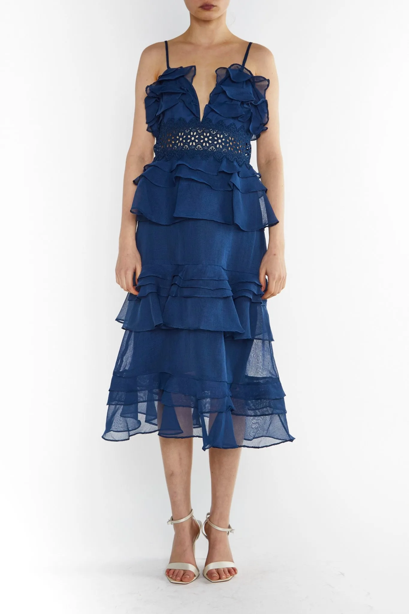 Viola Navy Plunge Front Tiered Ruffle Midi Dress sold by True Decadence