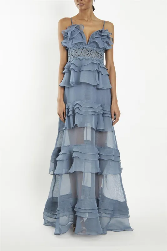 Sophia Mid Steel-Blue Plunge Front Tiered Ruffle Maxi-Dress made by True Decadence
