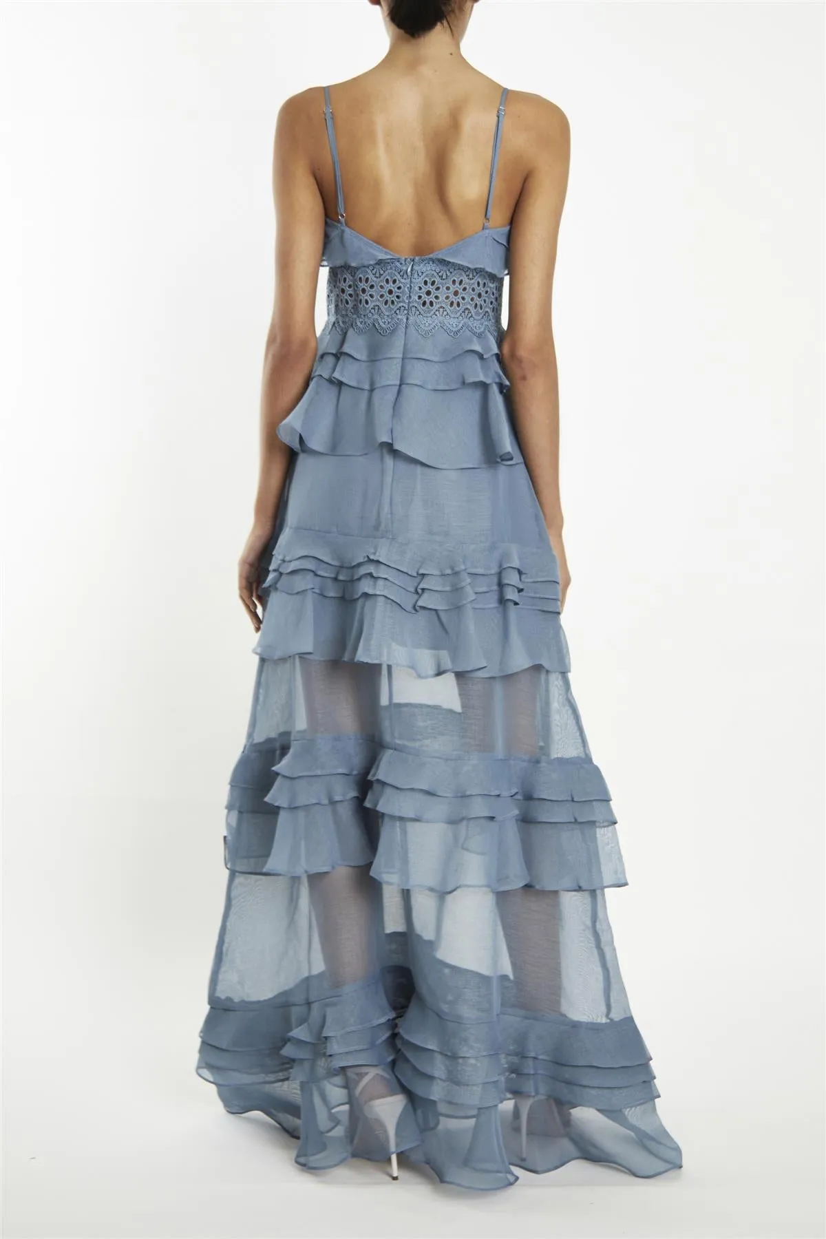 Sophia Mid Steel-Blue Plunge Front Tiered Ruffle Maxi-Dress sold by True Decadence product image thumbnail 2