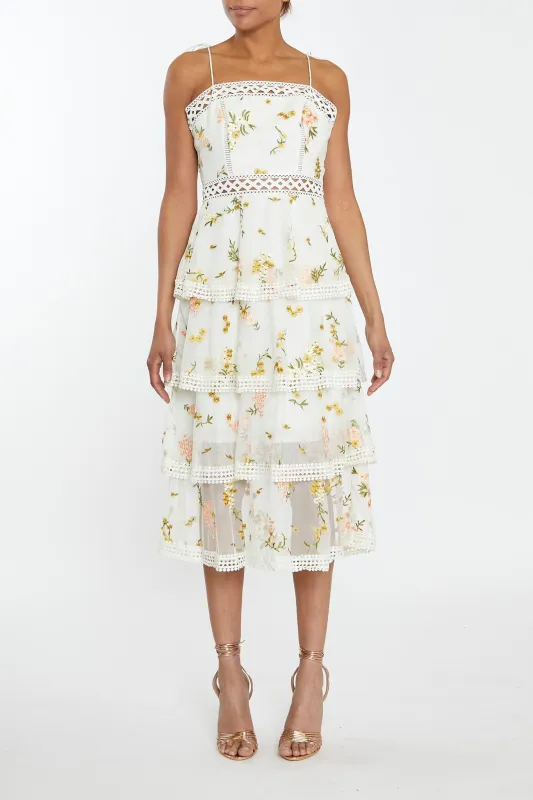 Nude-Pink Embroidery Strappy Tiered Midi-Dress sold by True Decadence