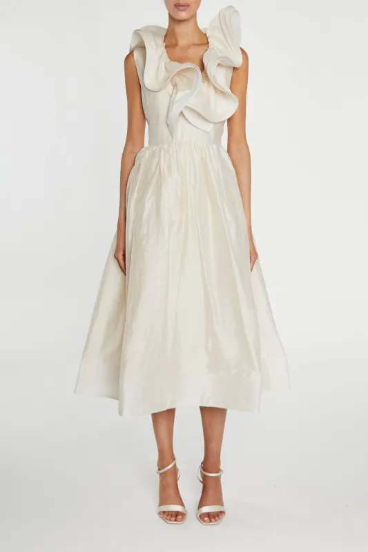 Peyton Cream Ruffle Midi Dress – Romantic Bridesmaid & Cocktail Party Dress sold by True Decadence
