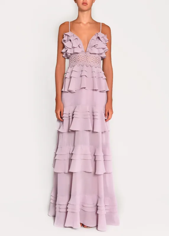 Sophia Dusty Lilac Plunge Front Strappy Tiered Ruffle Maxi Dress sold by True Decadence