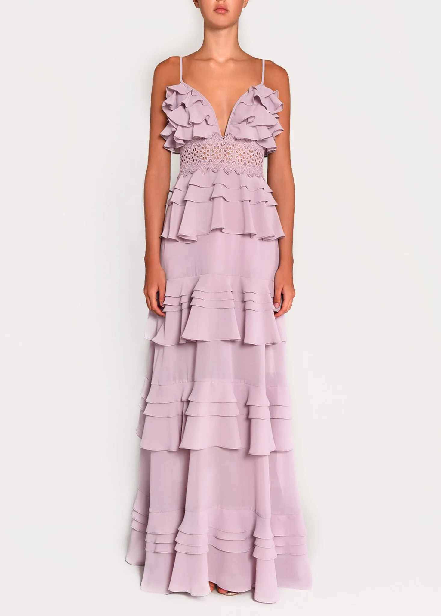Sophia Dusty Lilac Plunge Front Strappy Tiered Ruffle Maxi Dress sold by True Decadence