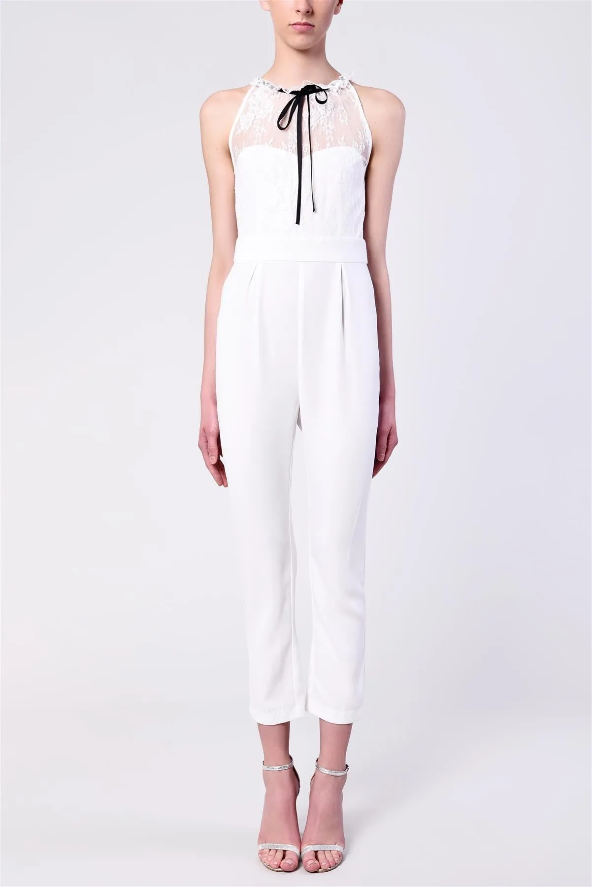 Annabelle White Tailored Lace Over-lay Jumpsuit sold by True Decadence