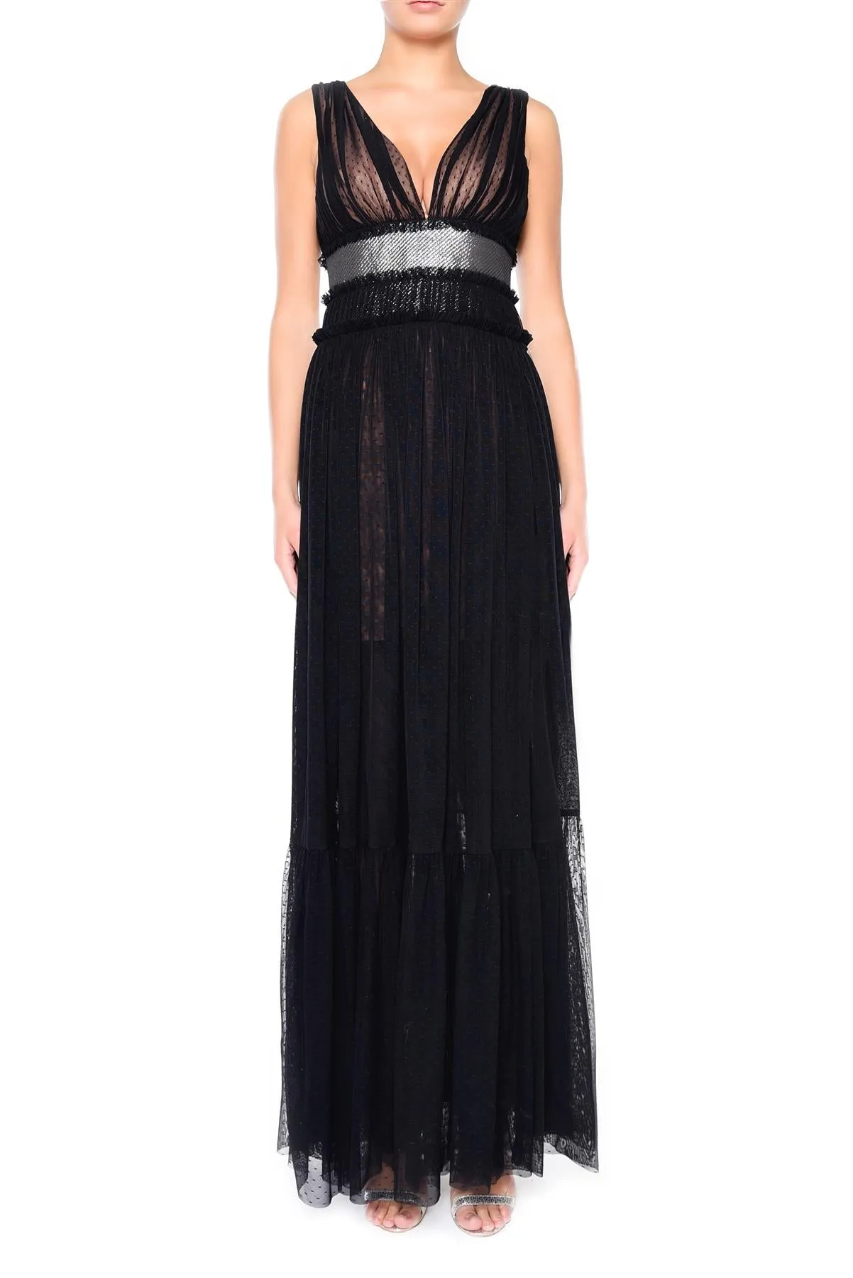 Eve Black Nude Plunge-Front Shimmer Belt Maxi Dress sold by True Decadence