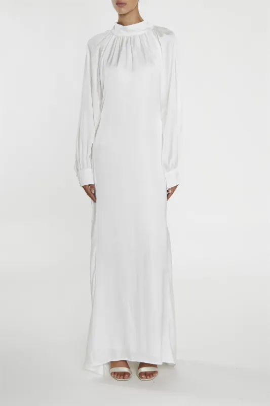 Reyna White High-Neck Fishtail Maxi-Dress made by True Decadence