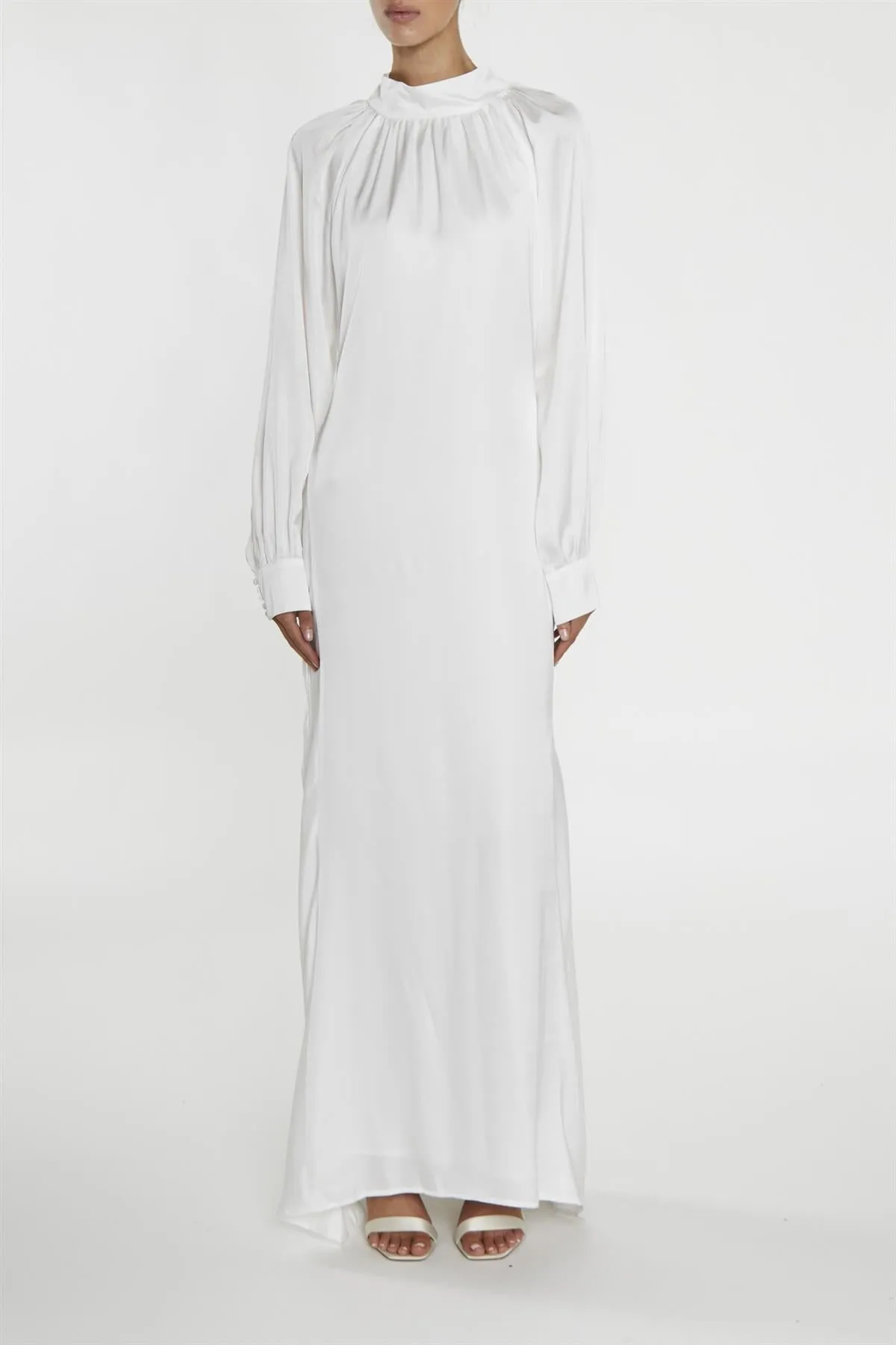 Reyna White High-Neck Fishtail Maxi-Dress sold by True Decadence