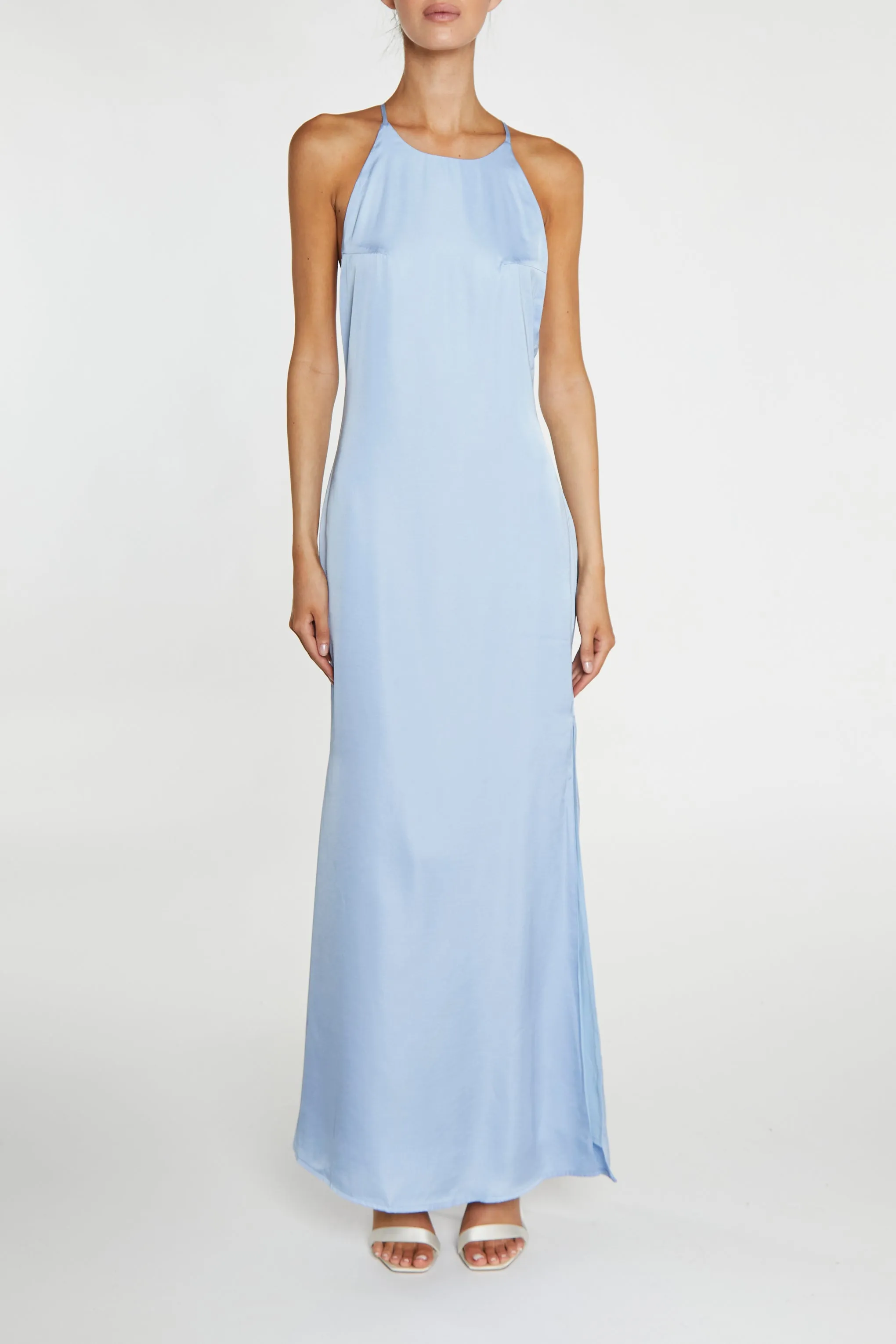 Gigi Cornflower Blue Side-Split Halterneck Maxi-Dress sold by True Decadence