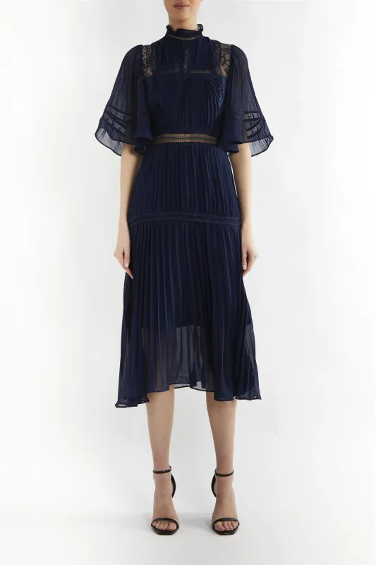 Ellie Navy Lace Pleated High Neck Flared Sleeve Midi Dress made by True Decadence