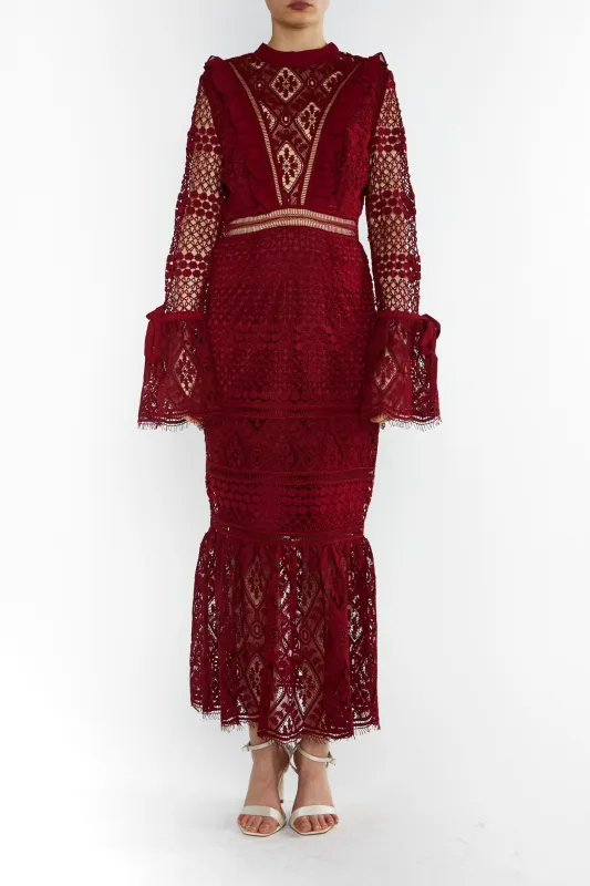 Jenna Burgundy Peplum-Sleeve Lace Midi Dress made by True Decadence
