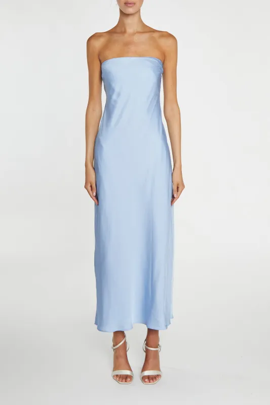 Cecilia Cornflower Blue Strapless Bias-cut Midi Dress sold by True Decadence