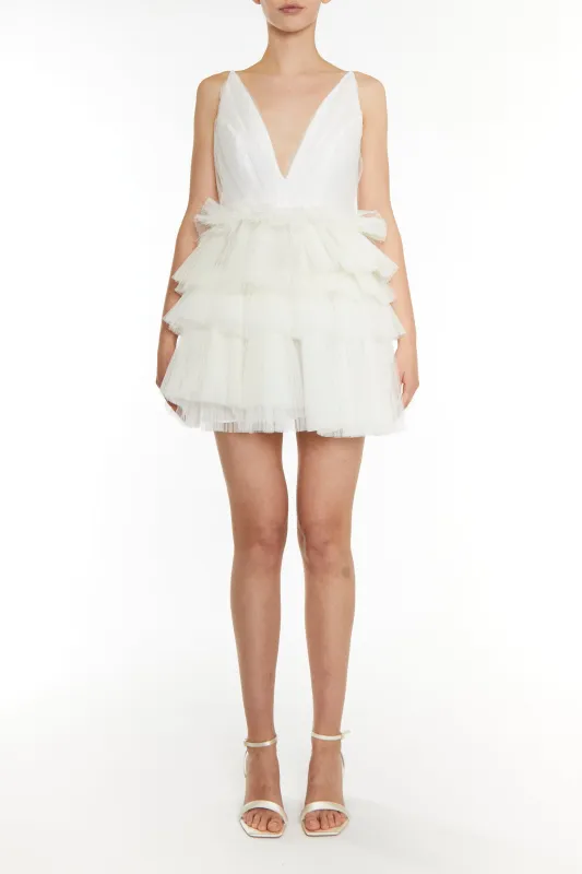 White Gia Plunge Front Tiered Mini Dress made by True Decadence