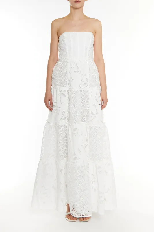 Serena White Patchwork Lace Tiered Bandeau Maxi Dress sold by True Decadence