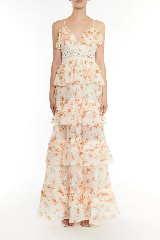 Sophia Cream Orange Floral Plunge Front Tiered Ruffle Maxi-Dress made by True Decadence