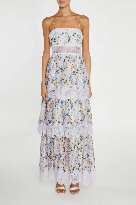 Maisie Pale-Blue Flower Organza Tiered Strappy Maxi-Dress sold by True Decadence
