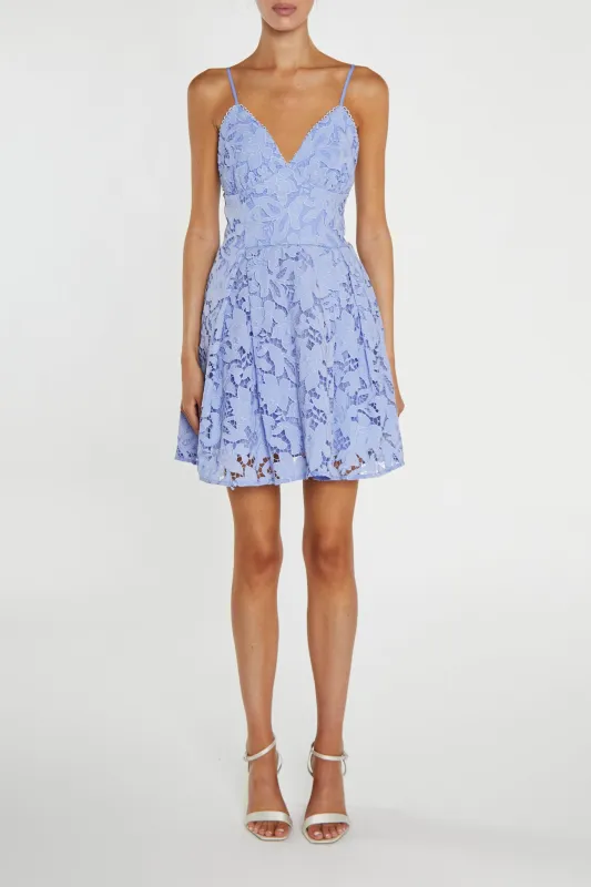 Lexie Cornflower-Blue Cutwork Lace Strappy Skater Mini-Dress sold by True Decadence