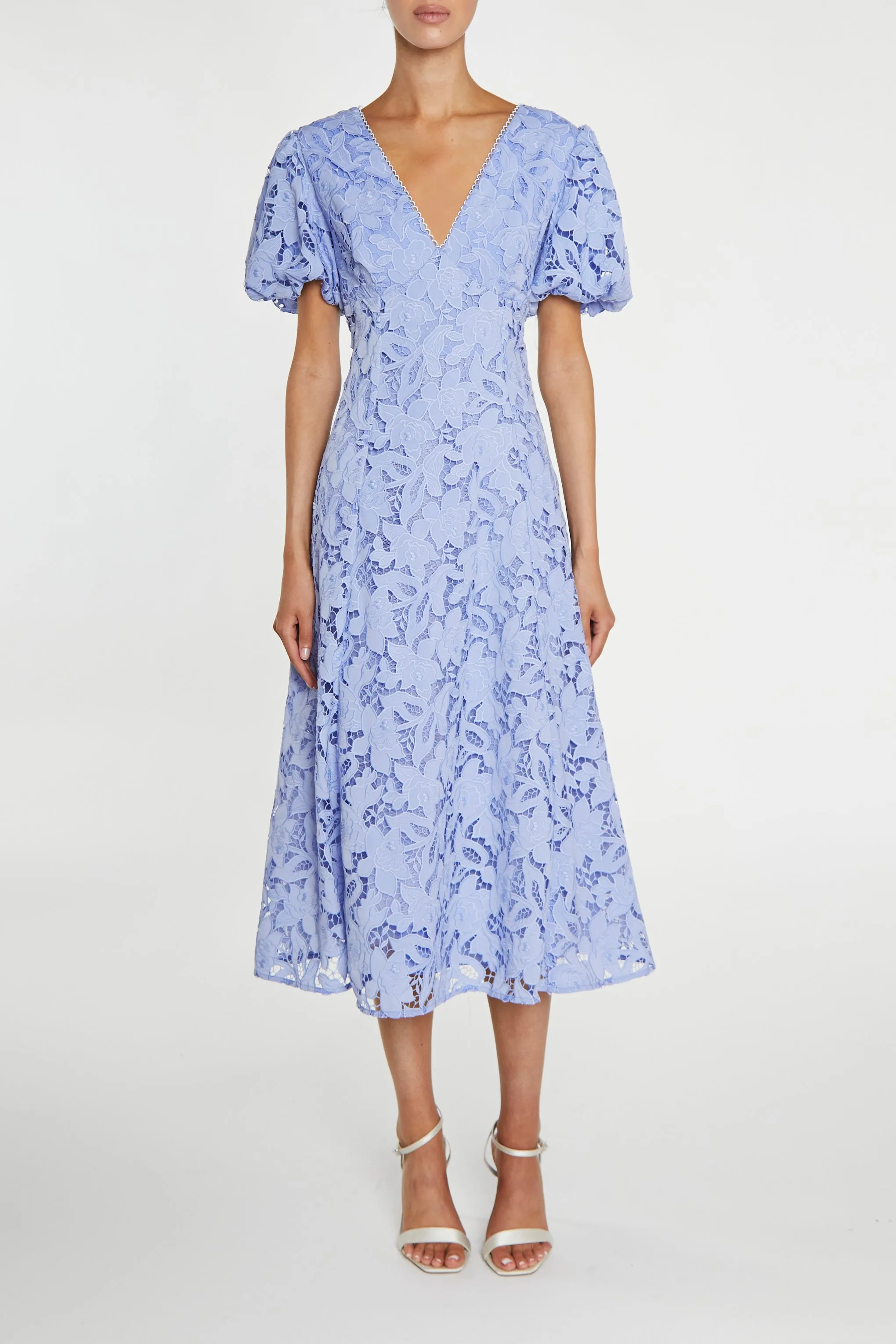 Harley Cornflower-Blue Cutwork Lace V-Neck Midi-Dress sold by True Decadence