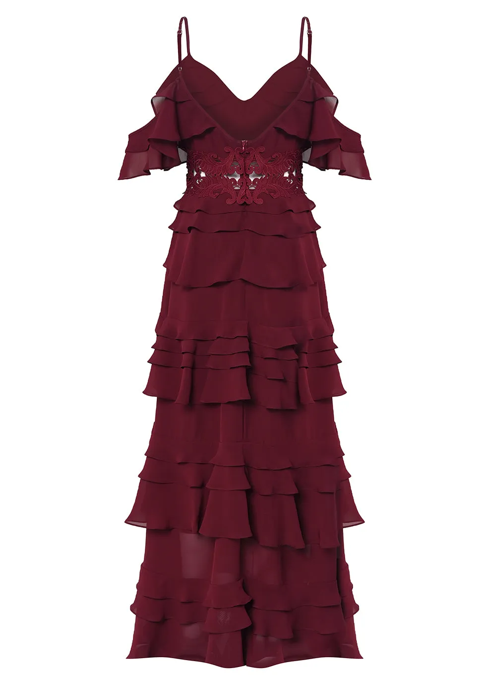 Olivia Burgundy Plunge Front Tiered Ruffle Maxi Dress sold by True Decadence product image thumbnail 3