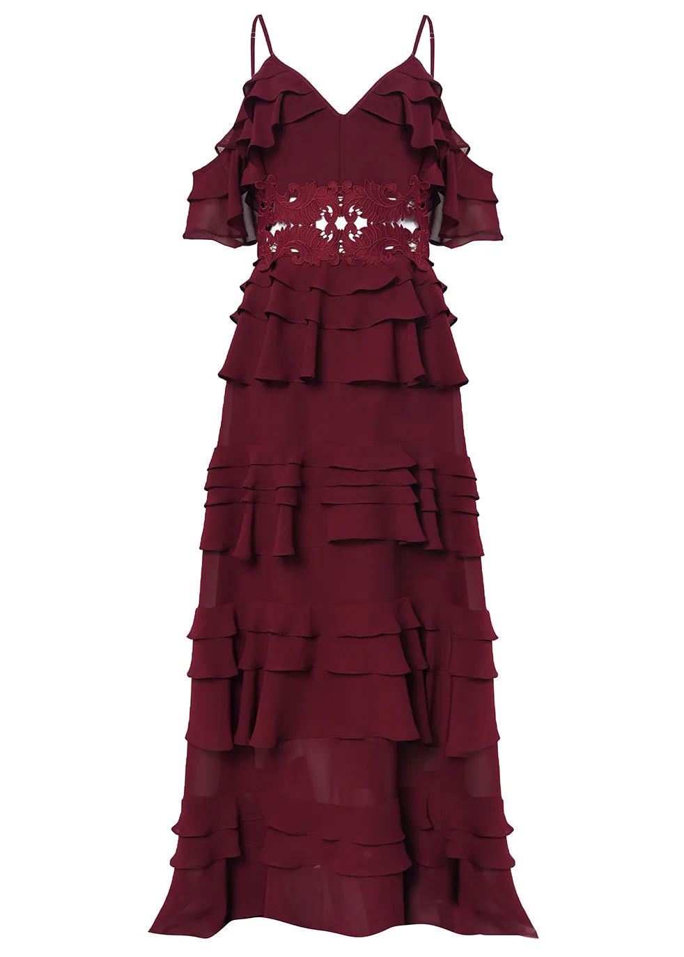 Olivia Burgundy Plunge Front Tiered Ruffle Maxi Dress sold by True Decadence product image thumbnail 4
