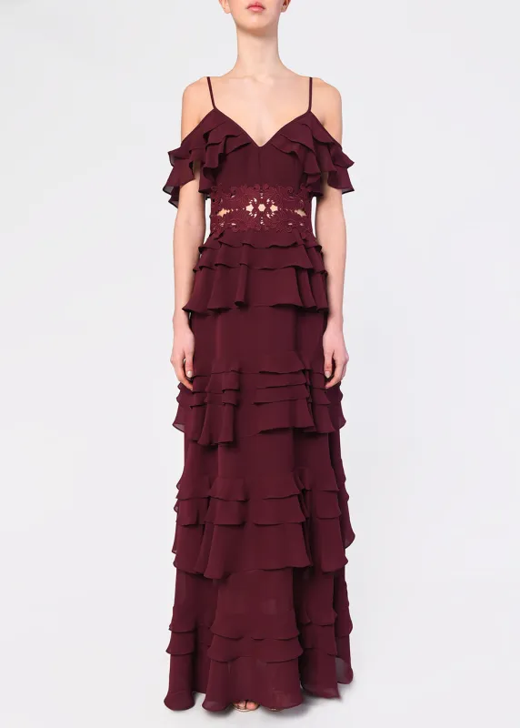 Olivia Burgundy Plunge Front Tiered Ruffle Maxi Dress sold by True Decadence