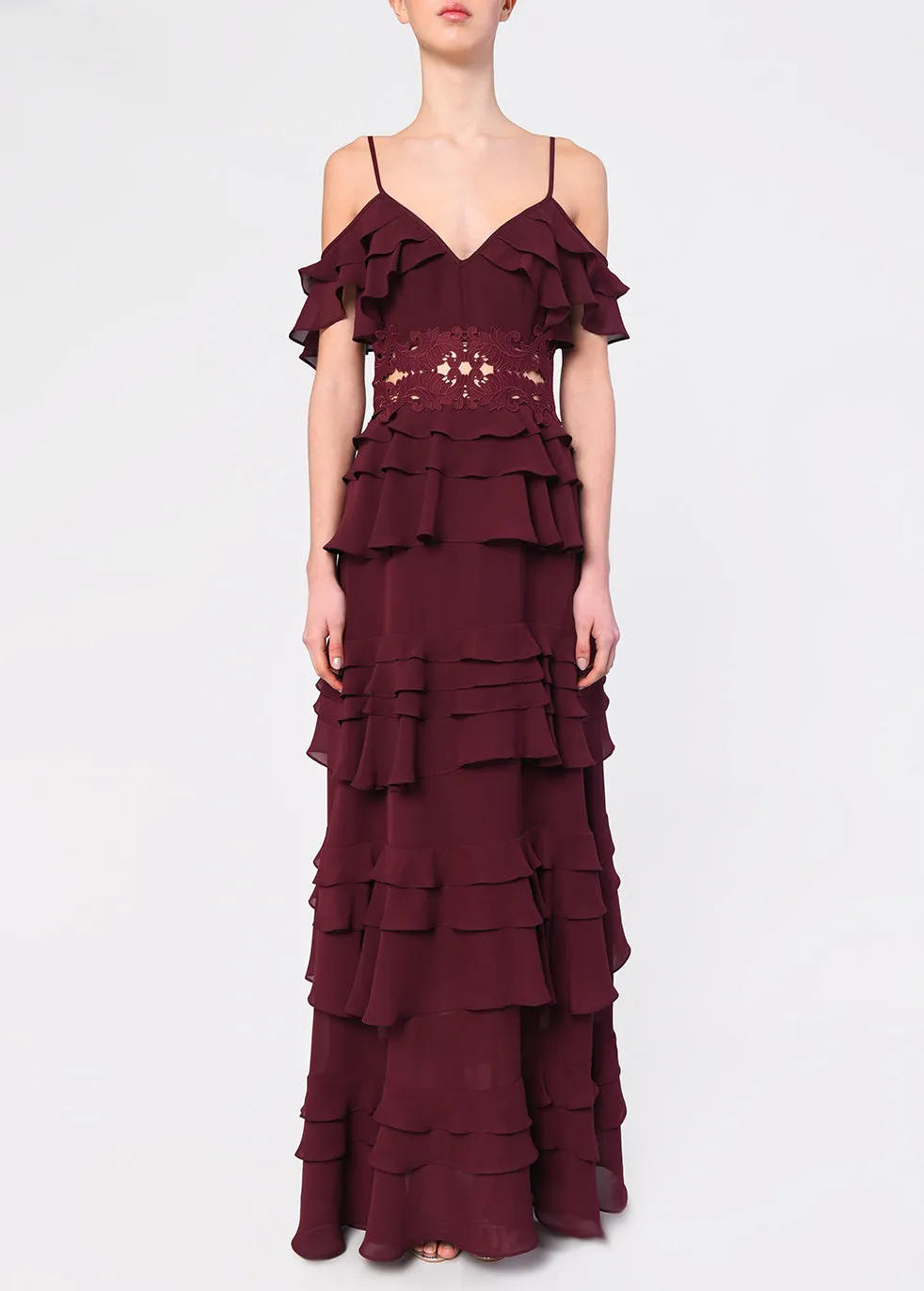 Olivia Burgundy Plunge Front Tiered Ruffle Maxi Dress sold by True Decadence