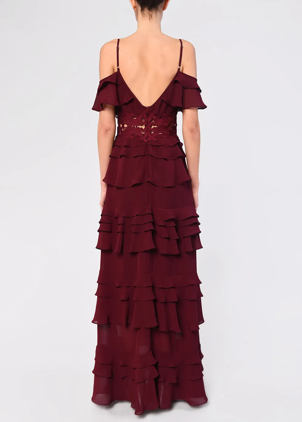Olivia Burgundy Plunge Front Tiered Ruffle Maxi Dress sold by True Decadence product image thumbnail 2