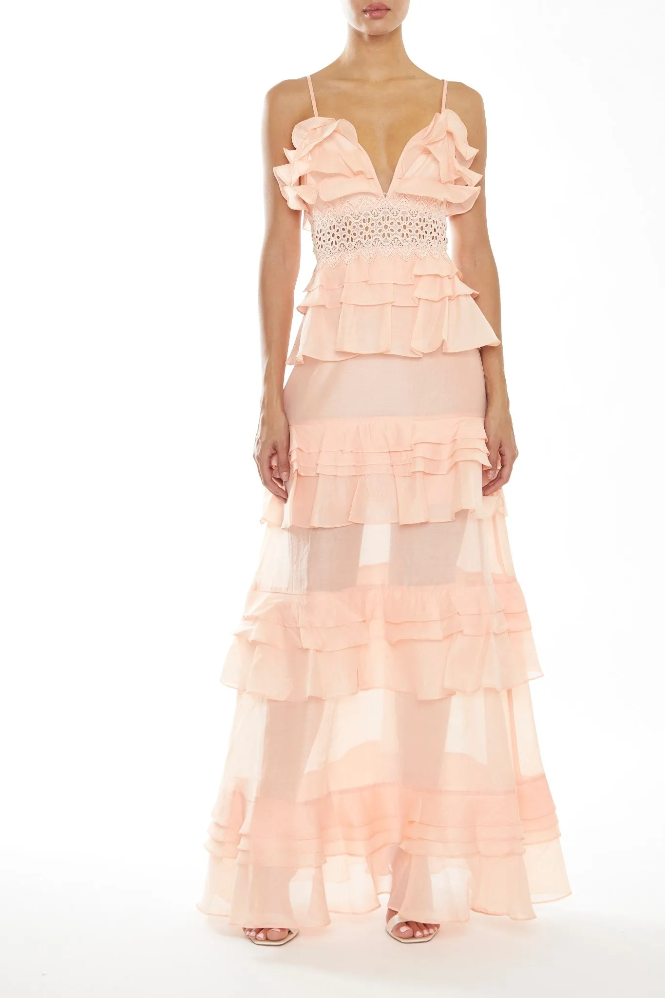 Sophia Soft Peach Deep Plunge Layered Ruffle Maxi Dress sold by True Decadence