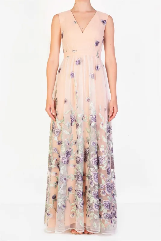 Lena Nude Lilac Embroidered Sleeveless V-Neck Maxi Dress made by True Decadence