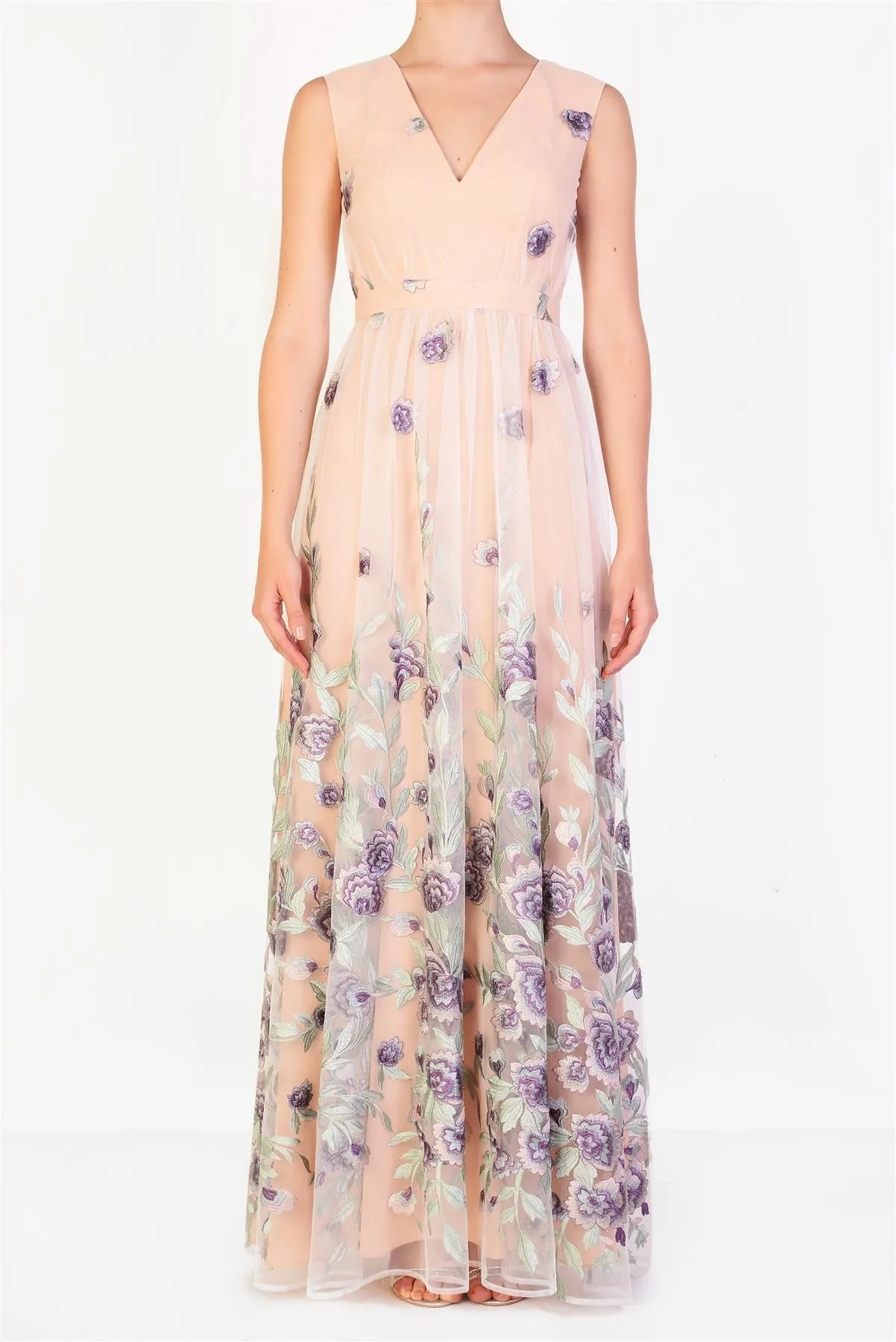 Lena Nude Lilac Embroidered Sleeveless V-Neck Maxi Dress sold by True Decadence