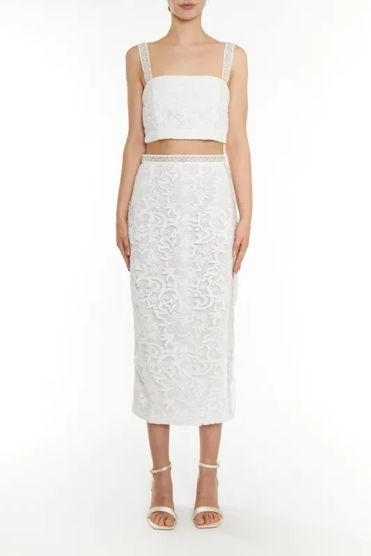 Celine Co-ord White Lace Trim Pencil Midi Skirt made by True Decadence