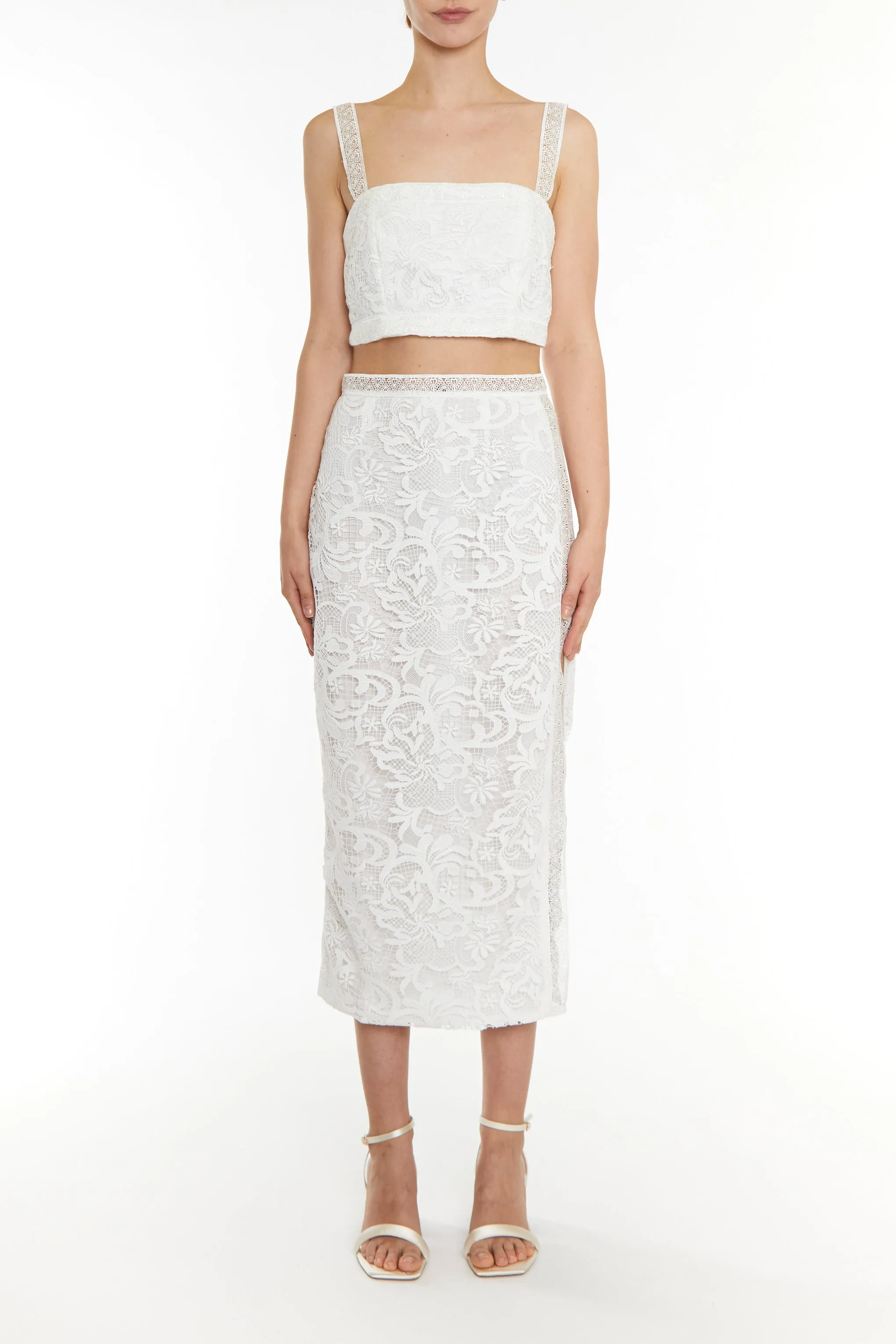 Celine Co-ord White Lace Trim Pencil Midi Skirt sold by True Decadence