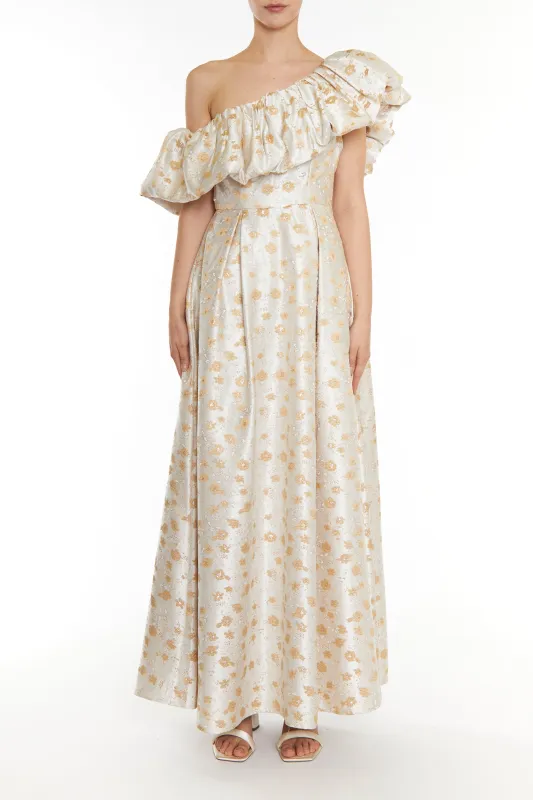 Blake Cream Gold Jacquard Puff One Shoulder Maxi-Dress made by True Decadence